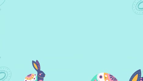 animation of easter bunnies and spinning easter decorated circle on blue background