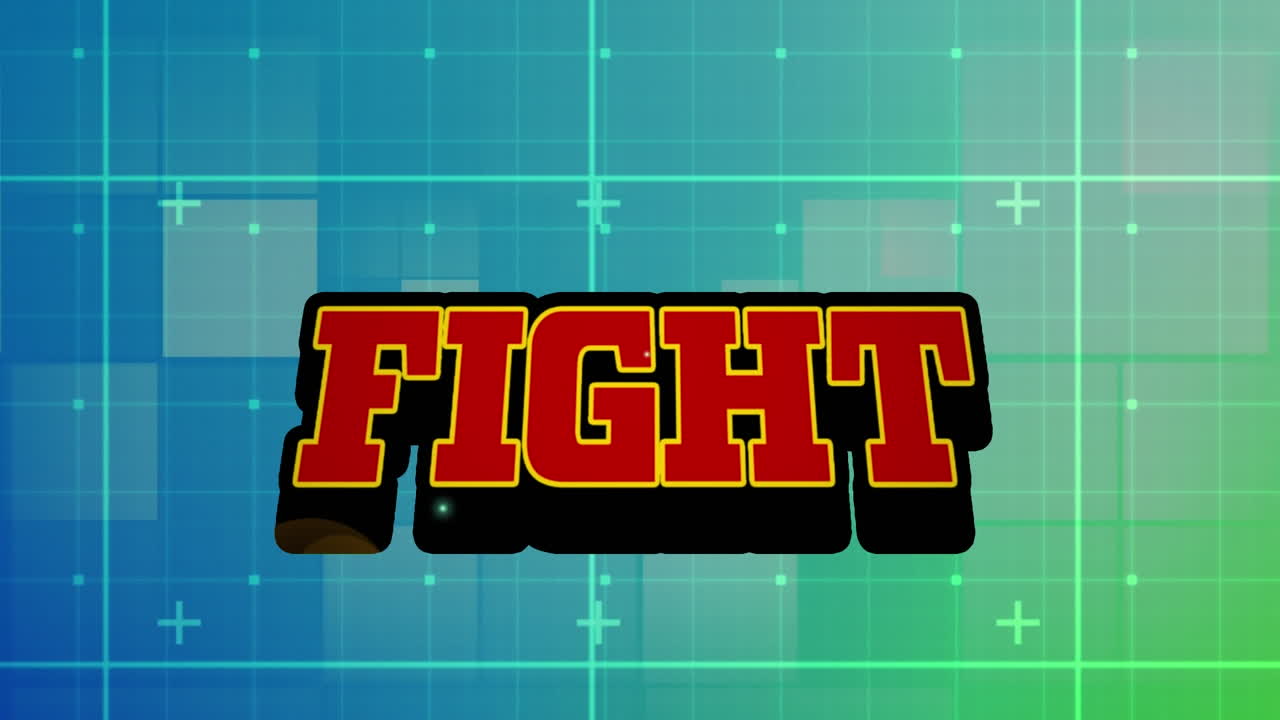 녹색 배경에 있는 모양 위의 전투 텍스트의 애니메이션