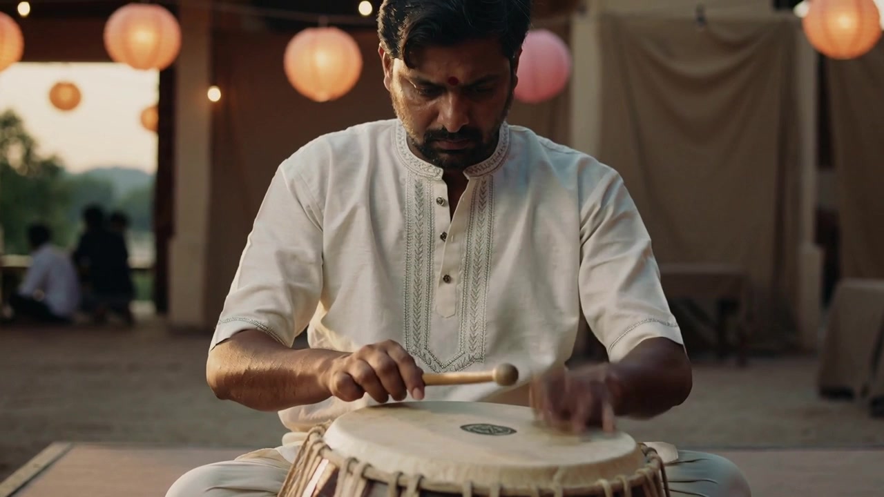 Indisk musiker i hvid kurta slår an og starter rytme ved pavillon for gæster med tromme og kølle.
