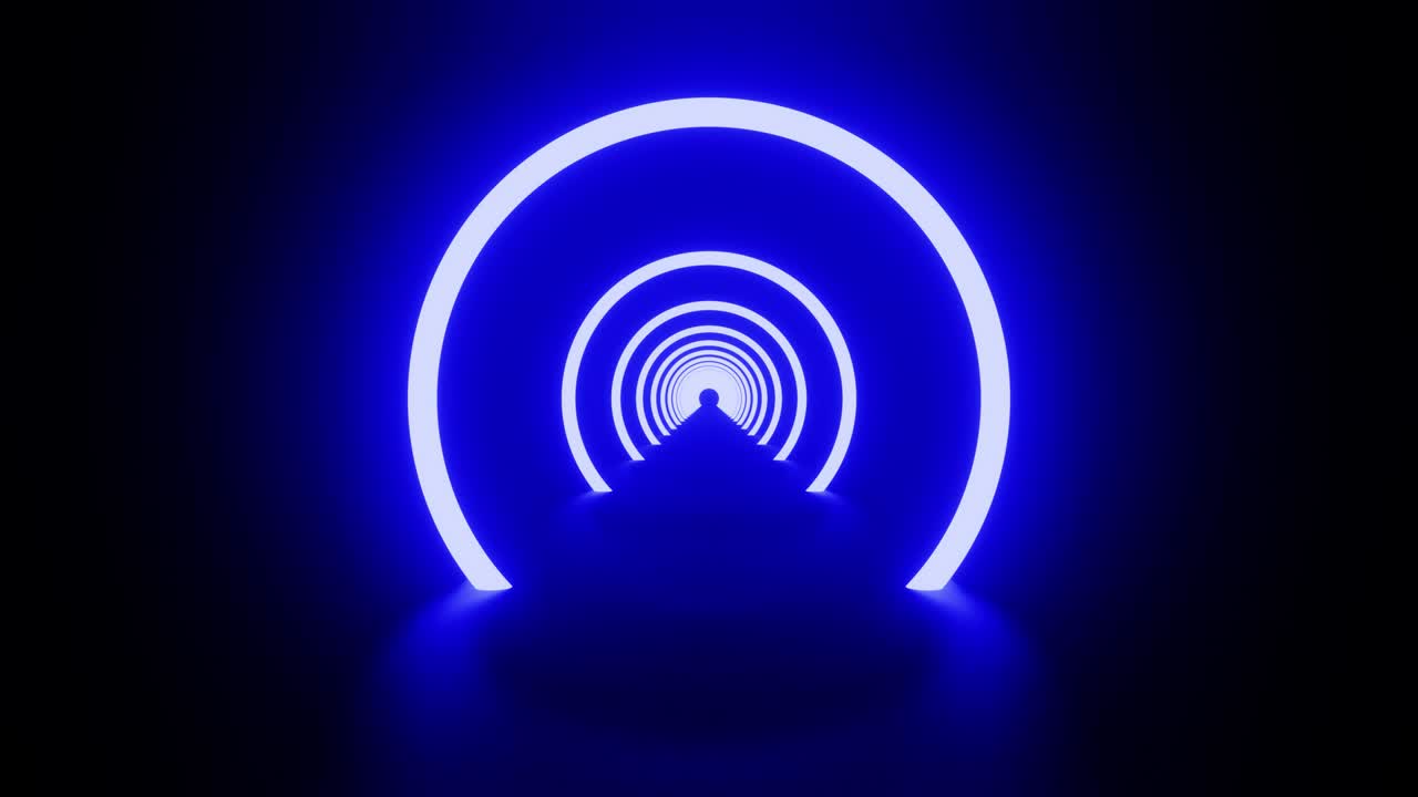 빙하 배경은 거울 바닥을 가진 파란색 링 터널입니다.