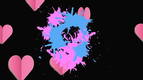 animation of hearts and paint splash on black background