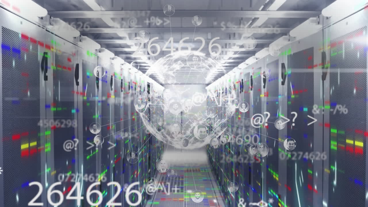 анимация сети соединений через компьютерные серверы