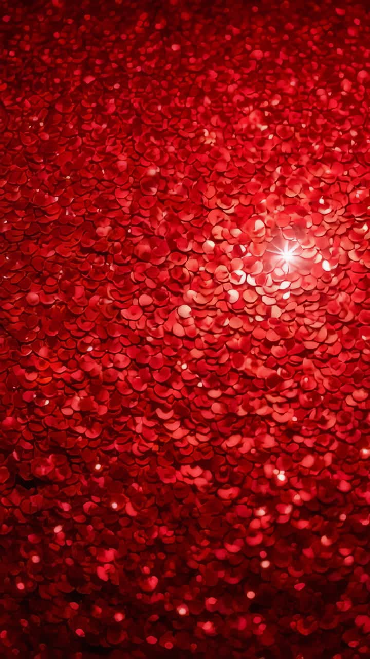 Vertical video: Shifting point light making red sequins sparkle in studio macro, showing flare