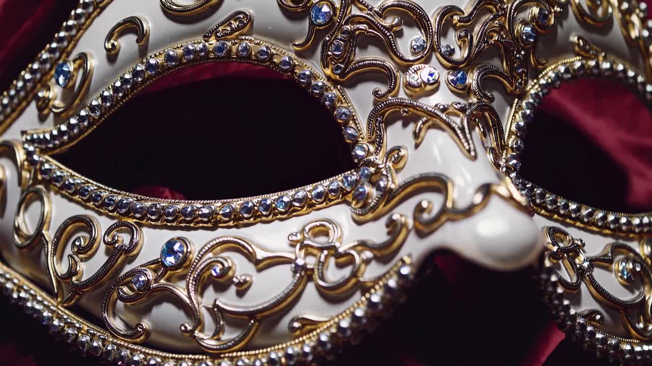 Maschera veneziana da carnevale ornata con oro e gioielli su velluto rosso