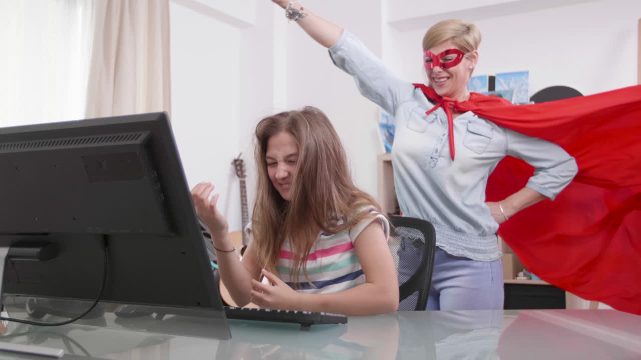 Superhero mother cheers up daughter