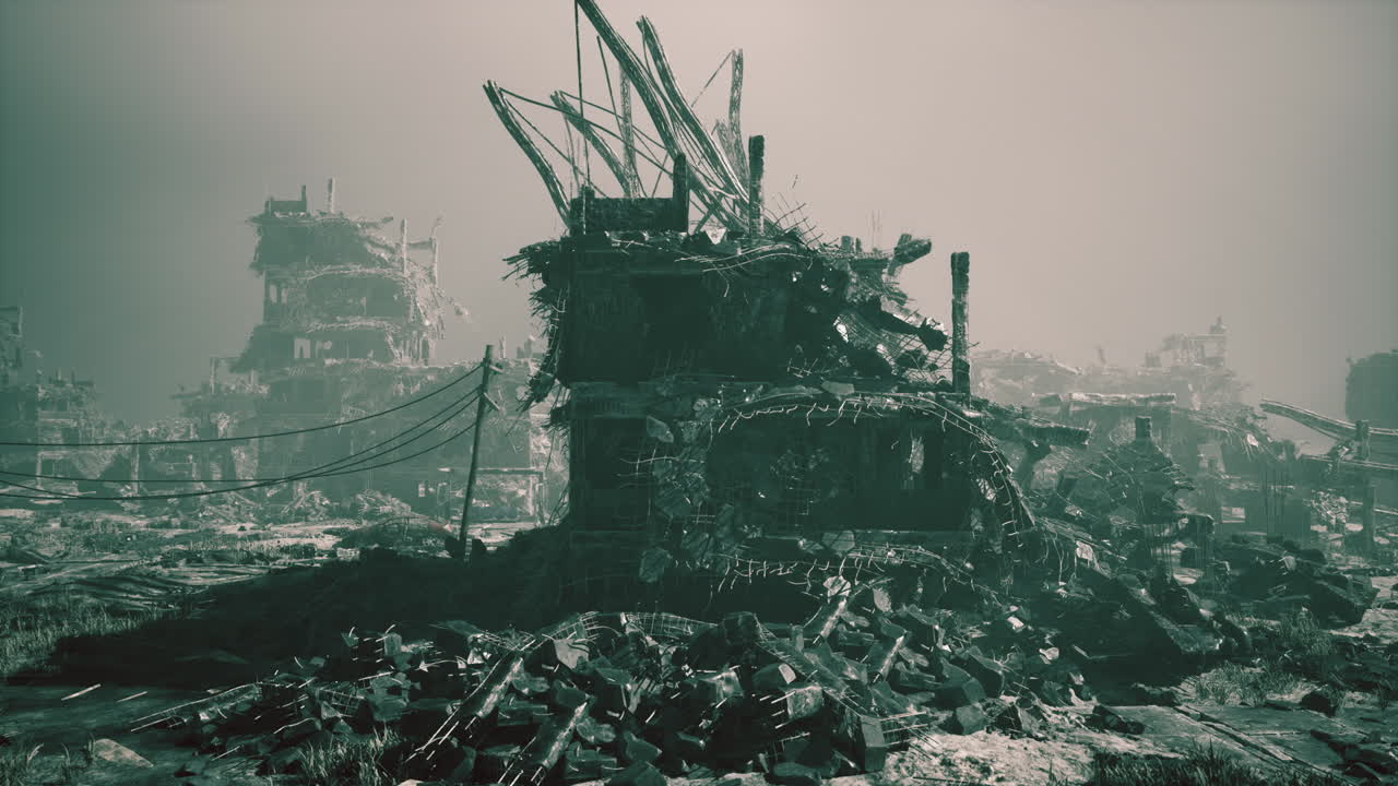 Devastazione di una città ridotta in rovine in seguito a un conflitto militare