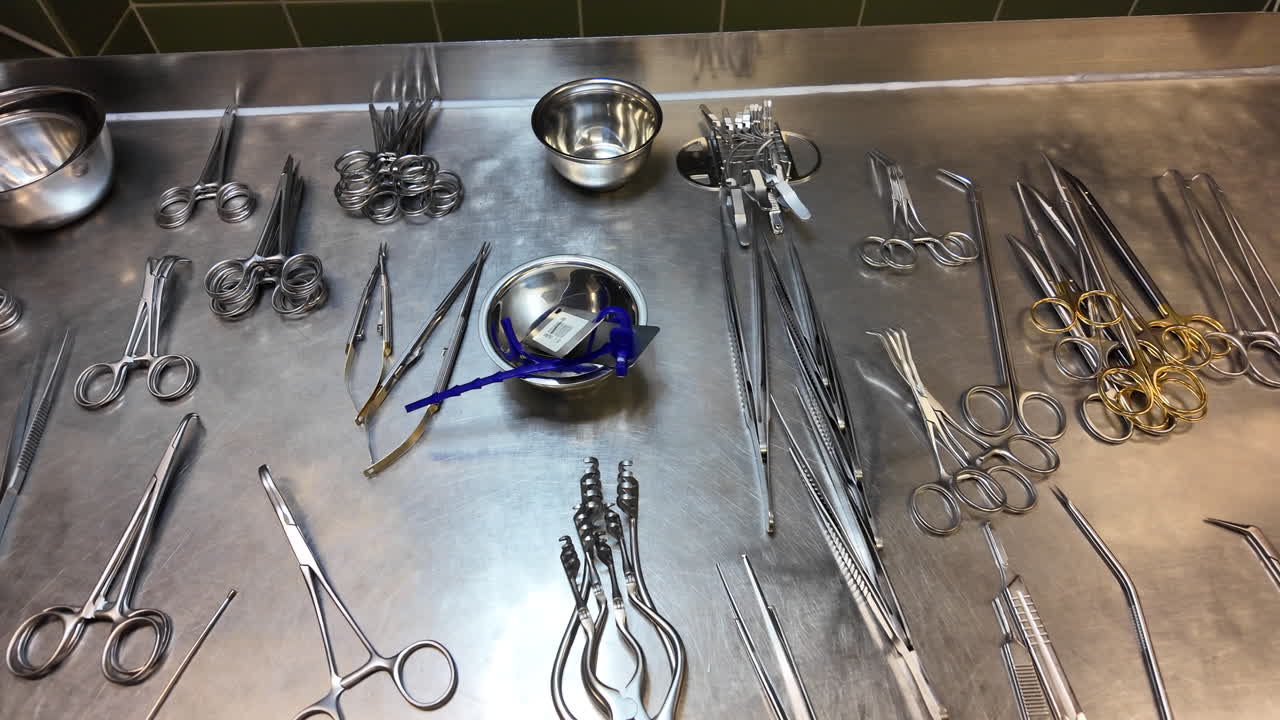 Vista aproximada de instrumentos cirúrgicos estéreis cuidadosamente organizados sobre uma mesa de aço inoxidável em uma sala de cirurgia hospitalar. A imagem mostra pinças, tesouras, grampos e porta-agulhas.