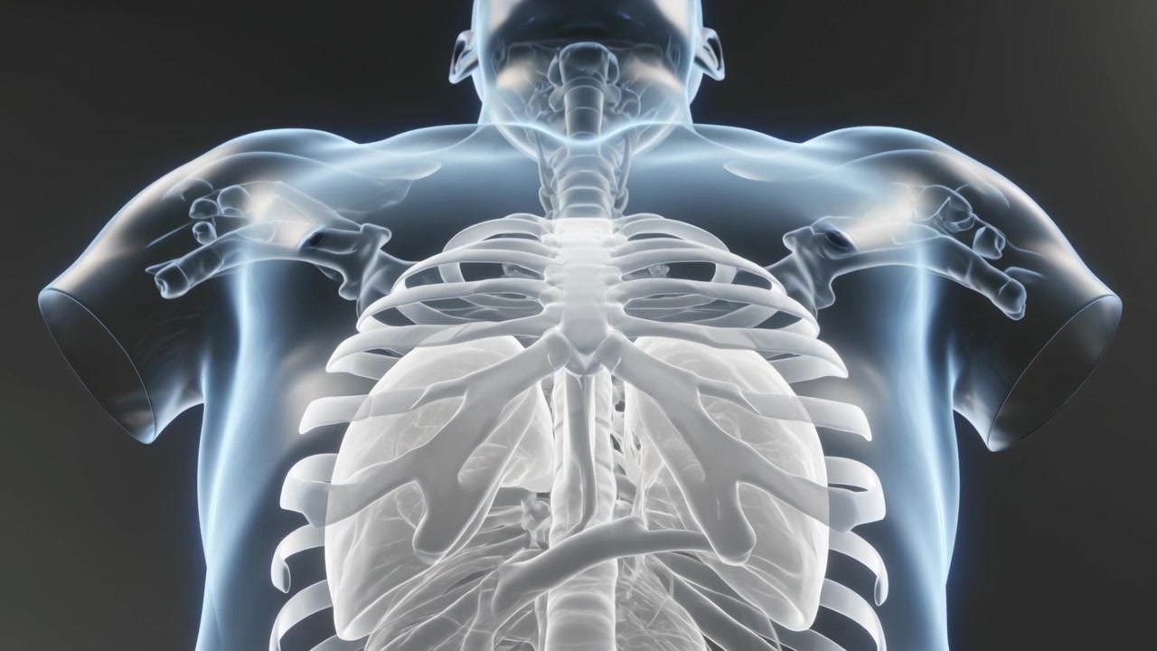 Animazione che mostra un modello di torso maschile traslucido che espande i polmoni in un rendering di studio, a scopo educativo.