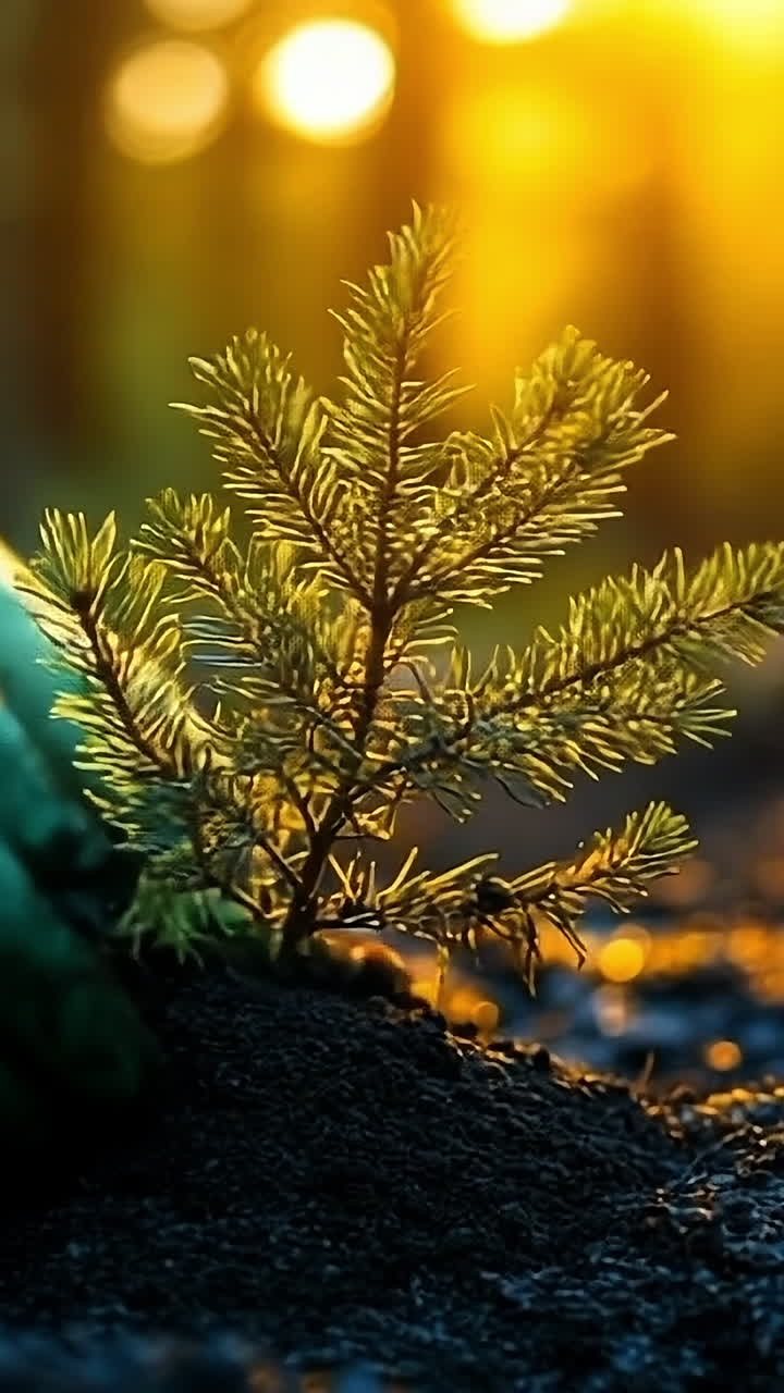 Young tree planted at sunset. A person with green gloves plants a young tree in rich soil while the sun sets, casting warm light through the forest.