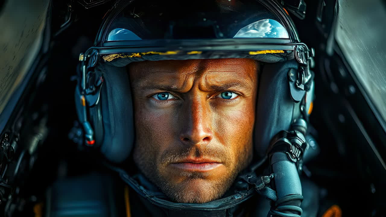 Close up portrait of fighter pilot wearing flight helmet. Detailed face of male pilot in cockpit with aviator gear and visor reflecting sky