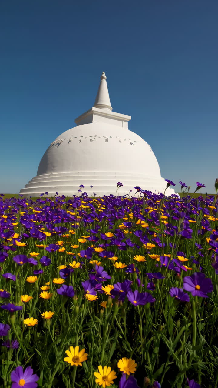 Stupa bianco circondato da fiori colorati