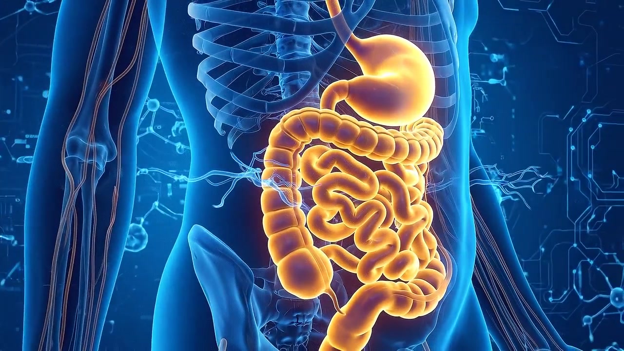 Glowing Human Digestive System Animation Highlighting Stomach and Intestines