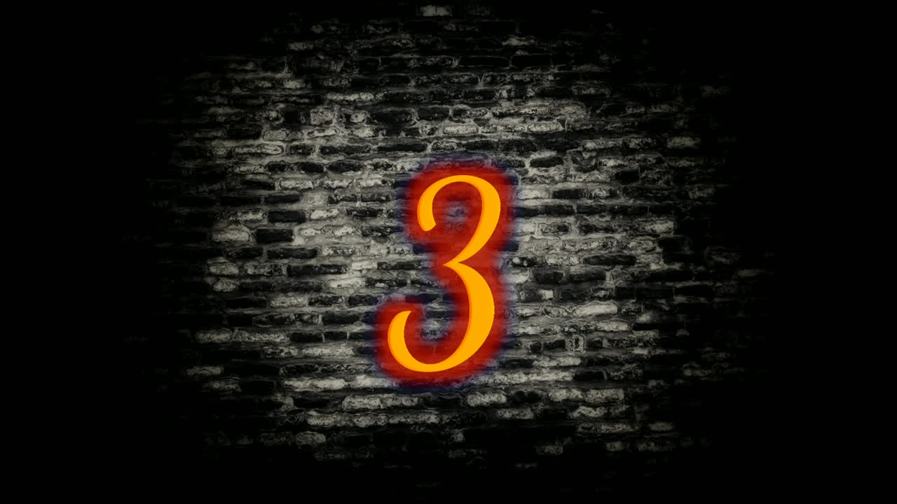 Number 3 neon light animation shining and glowing on black vignette brick wall.Flickering neon light using for all purpose.4k video