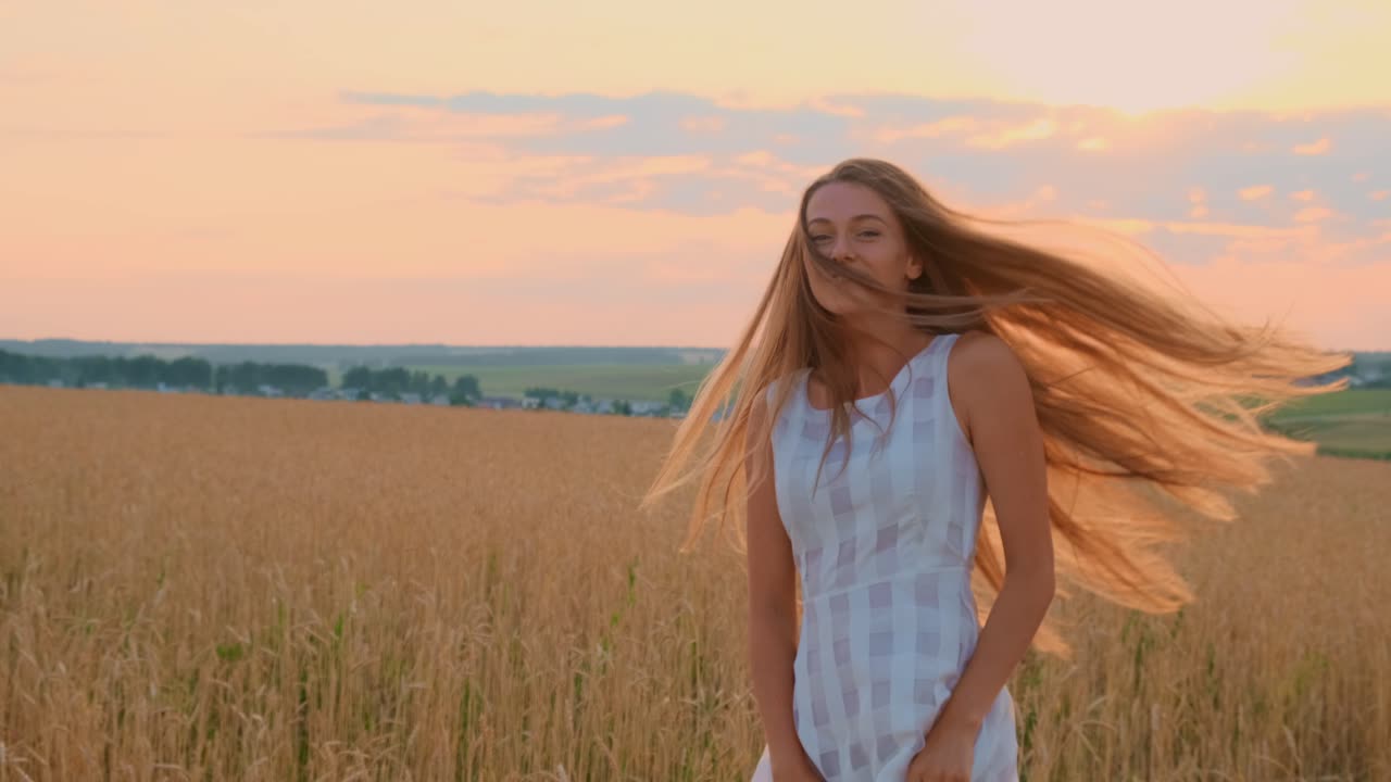 Woman laughing in a wheat field at sunset