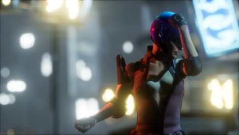 futuro concepto de mujer cyberpunk con luces de neón de la ciudad