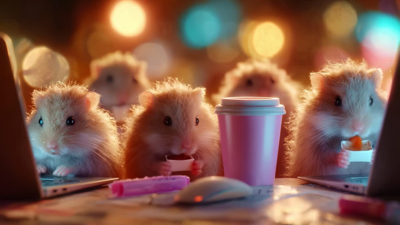 A Group of Adorable Hamsters Engrossed in Their Work at Laptops with Snacks and Coffee, Surrounded by a Colorful Bokeh Background, Creating a Whimsical and Charming Scene