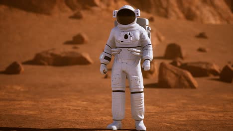 Astronaut-Auf-Der-Marsoberfläche.-Roter-Planet,-Bedeckt-Mit-Gas-Und-Gestein