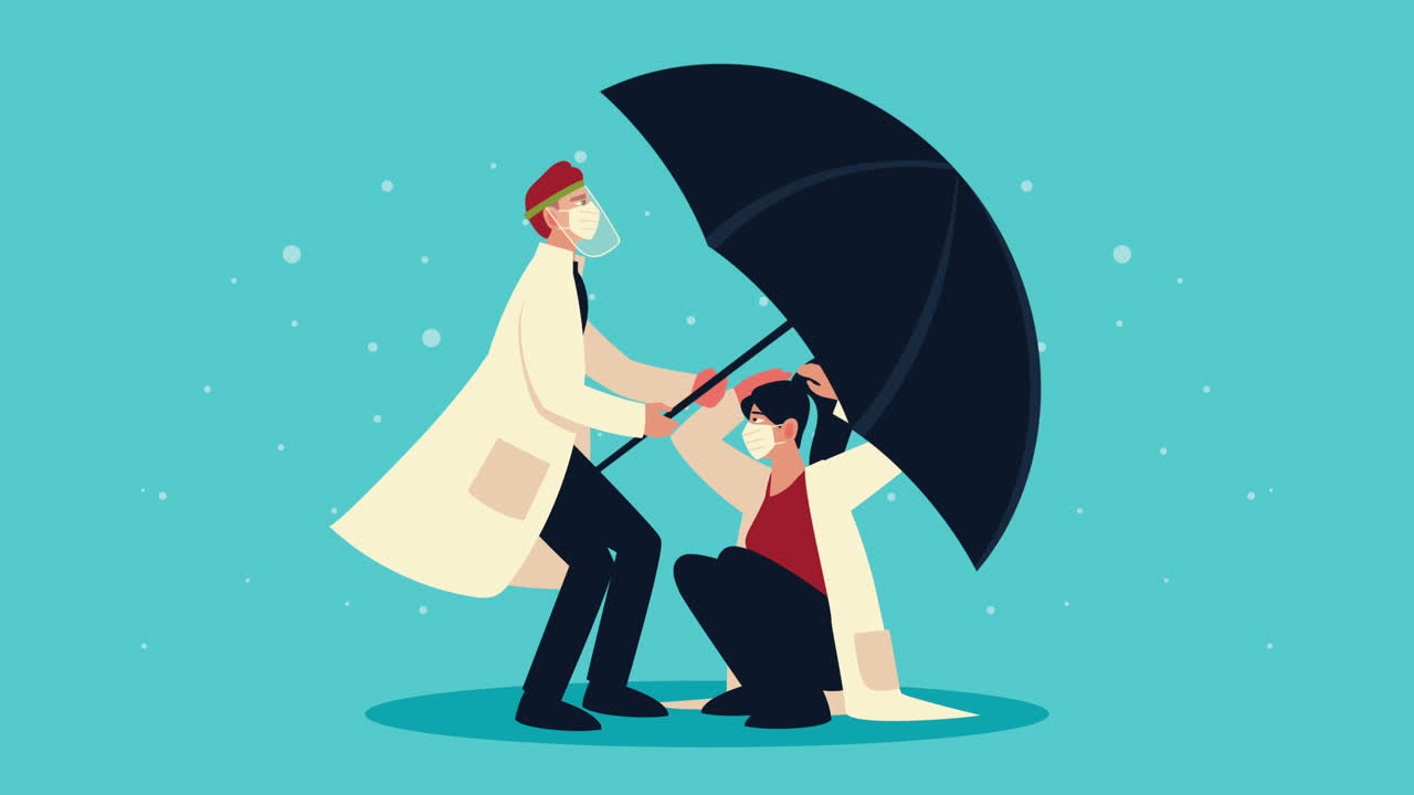 doctors couple wearing medical masks with umbrella