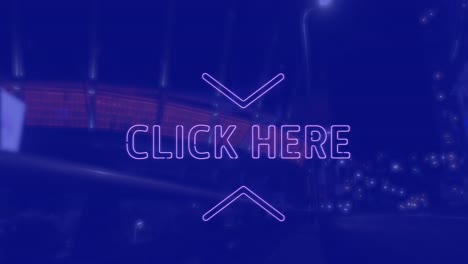 Animation-of-click-here-text-over-cityscape-at-night-on-blue-background