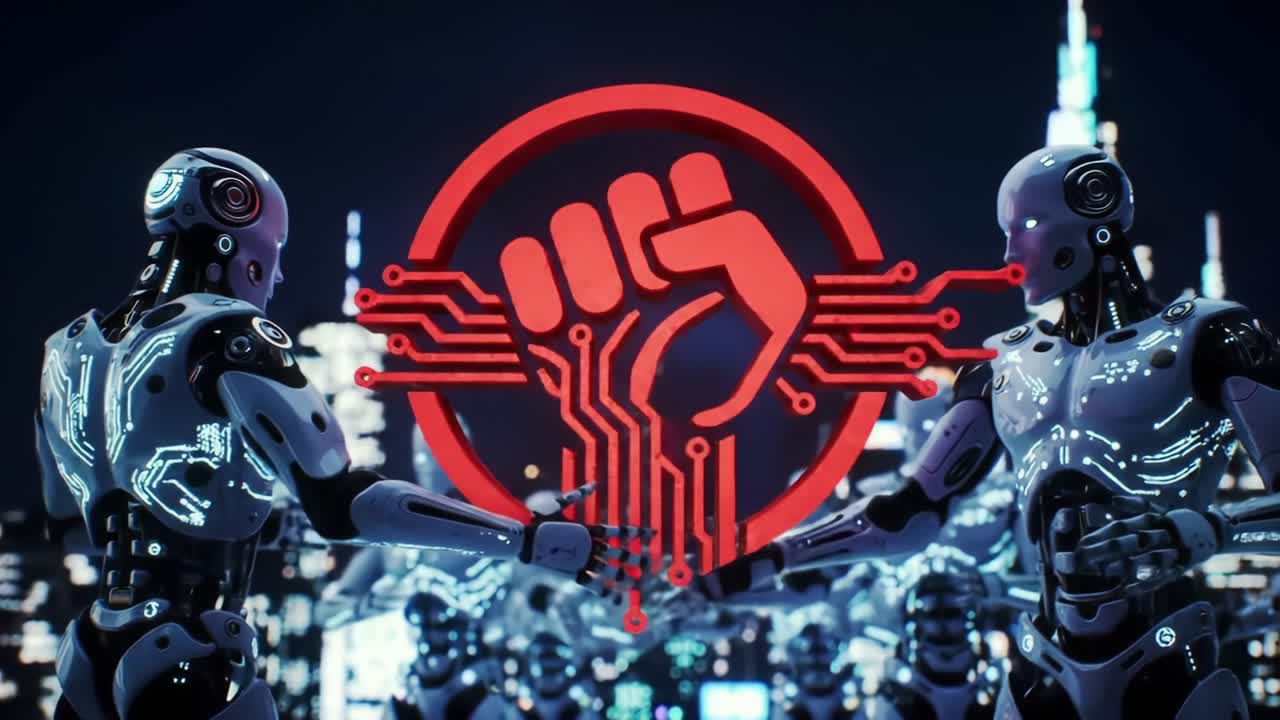 A futuristic representation of robotic unity featuring humanoid robots engaged in a collaborative stance with a digitalized fist symbolizing strength and solidarity in a city backdrop