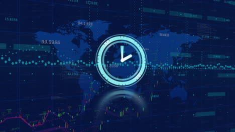animación de procesamiento de datos y mapa del mundo sobre reloj moviéndose sobre fondo azul