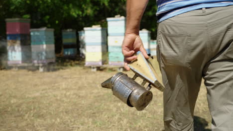 Walking-with-bee-smoker-in-apiary