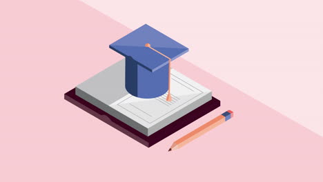 book and graduation hat isometric style animation