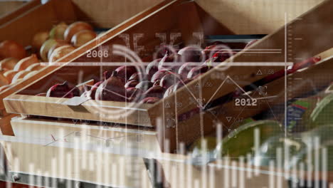 animación de procesamiento de datos y diagramas sobre verduras frescas en la tienda