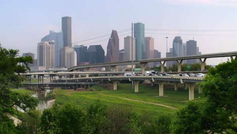 aerial of cars on 45 north freeway near downtown houston