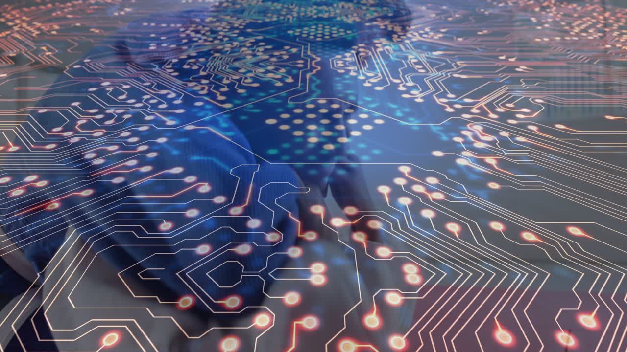 Two clinicians adjusting stethoscopes preparing for rounds, circuit overlay blending with coats