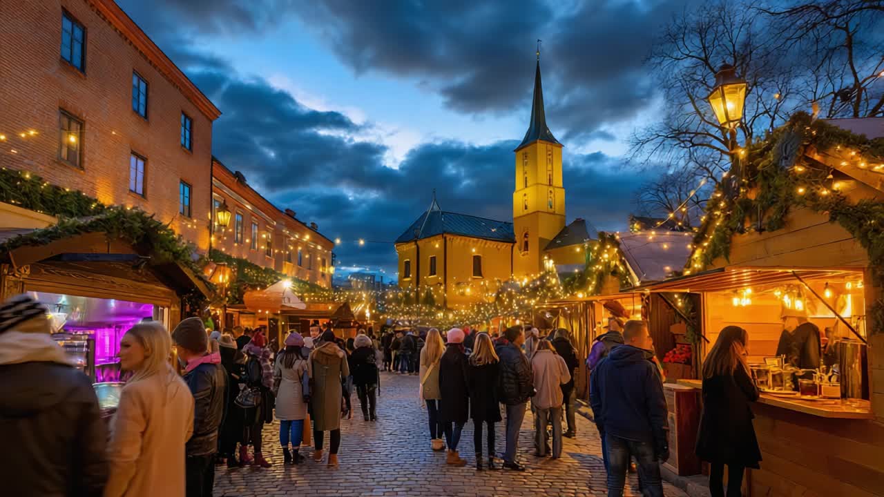 A Magical Evening at a Festive Marketplace, Illuminated By Twinkling Lights and Filled With Lively Crowds, Creating a Charming Atmosphere for Visitors and Vendors Alike in a Beautiful Historic Setting