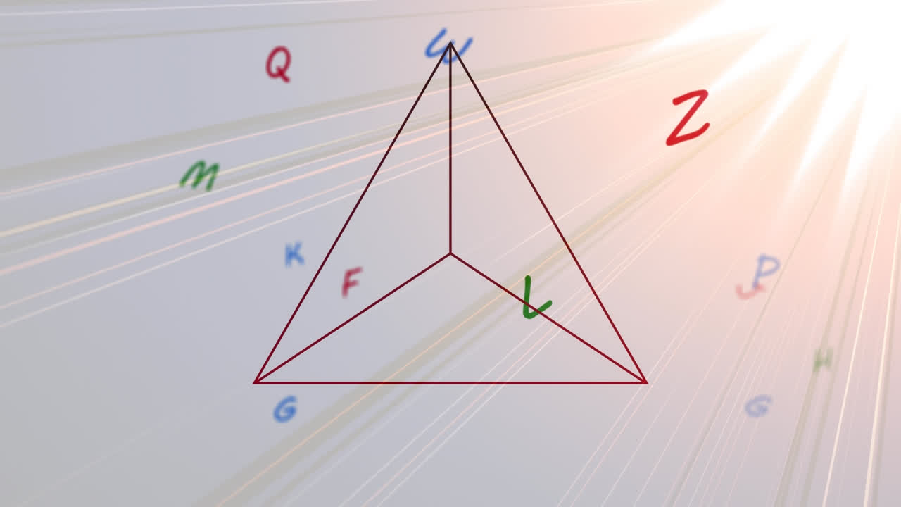 선 삼각형과 색 ⁇ 의 글자가 밝은 빛의 반 ⁇ 이는  ⁇  위로 움직이는 애니메이션