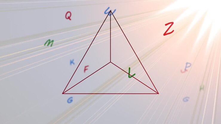 Animation of line triangle and coloured letters moving over flickering beams of bright light