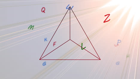 animación de líneas triangulares y letras de colores que se mueven sobre haces parpadeantes de luz brillante