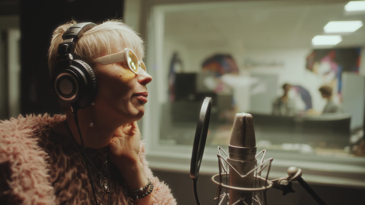 Female Musician Singing into Microphone in Recording Studio Booth