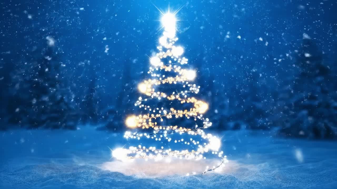 A magical Christmas tree with glowing lights in snowfall, captured from a low angle, video style