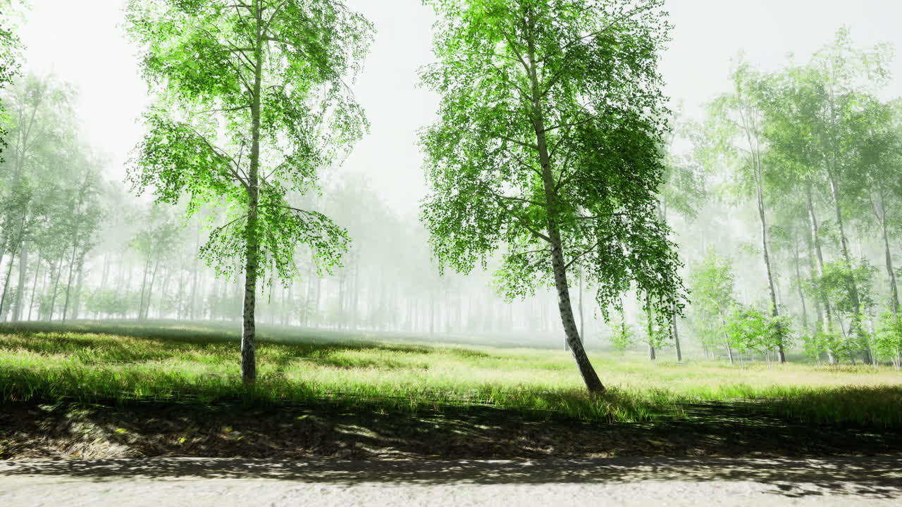 울창 한 초록색 나무 와 부드러운 빛 이 있는 안개 가 가득 한 숲 풍경