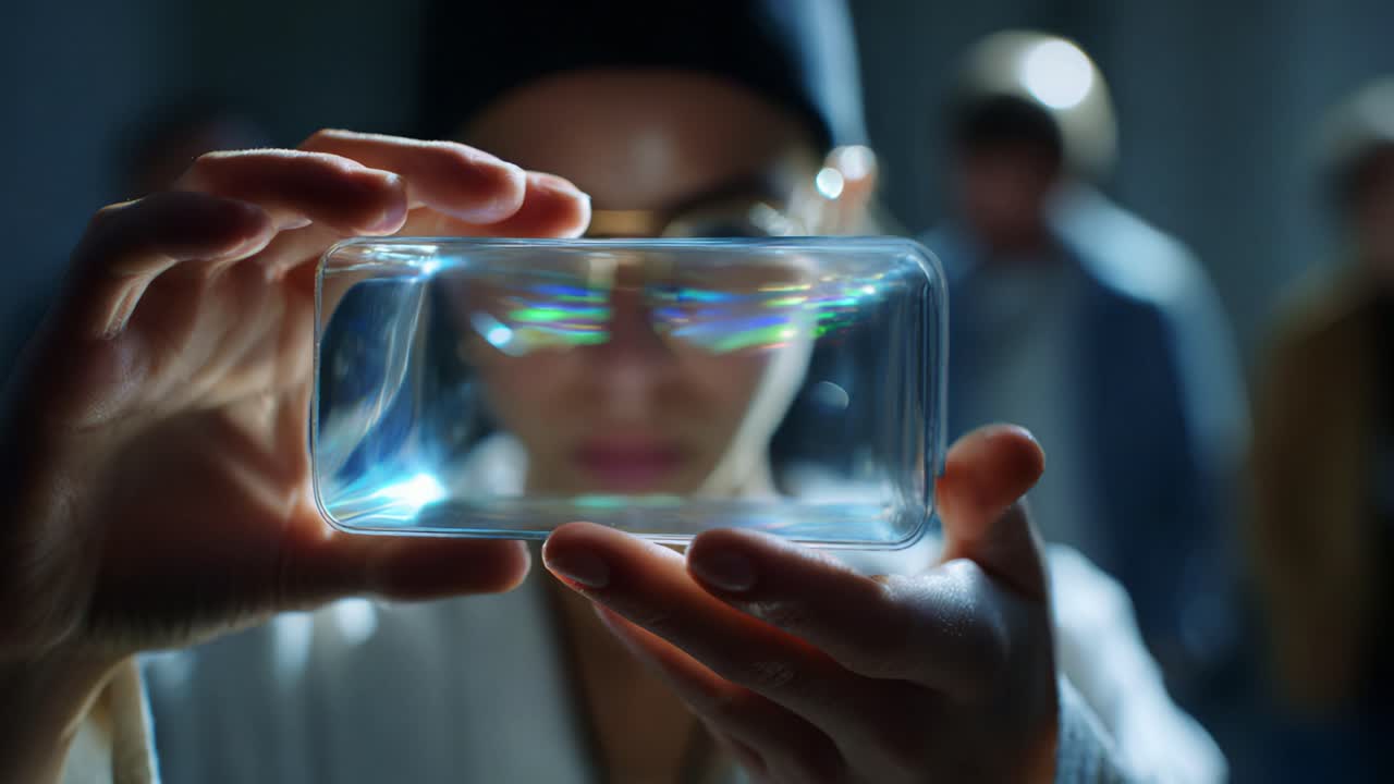 Examining a Transparent Object: A Close-Up of a Person Analyzing a Glass Container with Colorful Reflections and Soft Focus on Background Figures in a Dimly Lit Environment