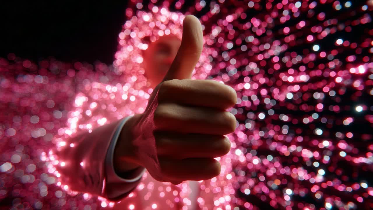 A captivating visual expression of positivity and approval featuring a hand giving a thumbs up, surrounded by an ethereal burst of pink and shimmering lights, conveying a strong sense of encouragement and enthusiasm