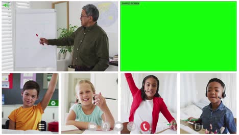 Animation-of-green-screen-and-video-screens-of-diverse-teacher-and-four-children-in-online-lesson