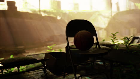 a basketball sits on a chair in an abandoned, overgrown building