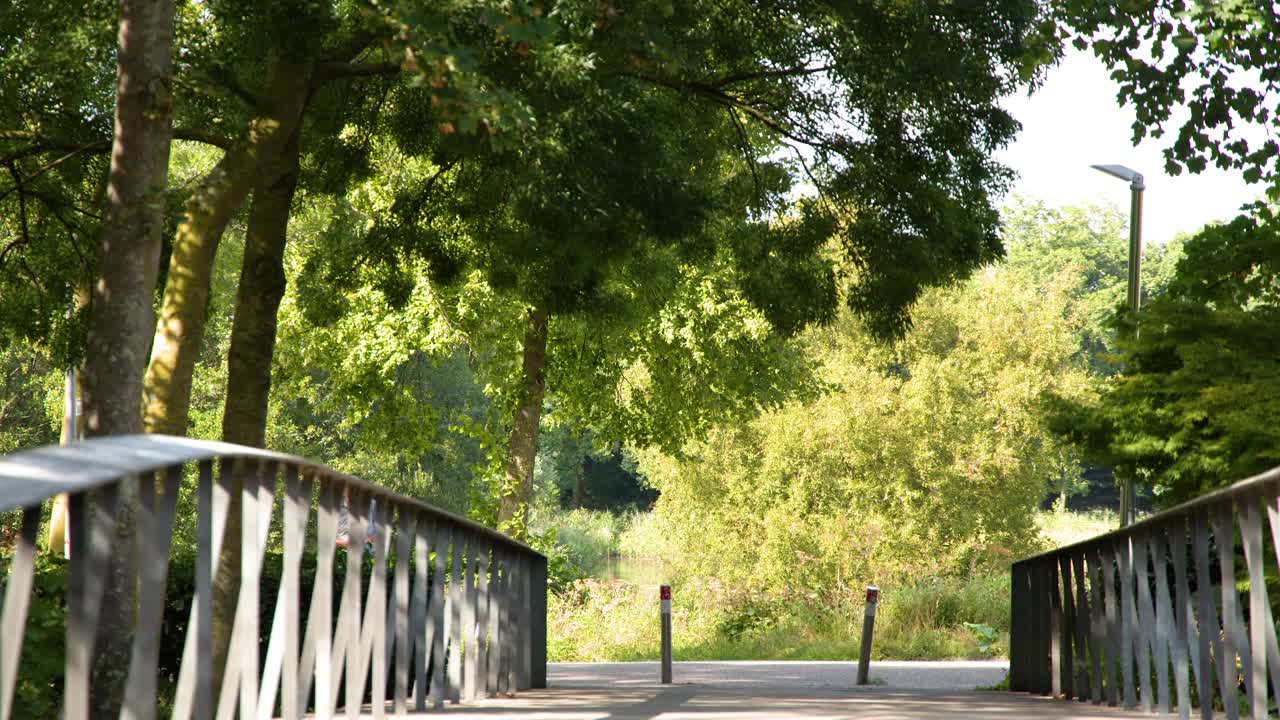 平和な都市公園で、サイクリストが木々に囲まれた小さな橋を走っています。