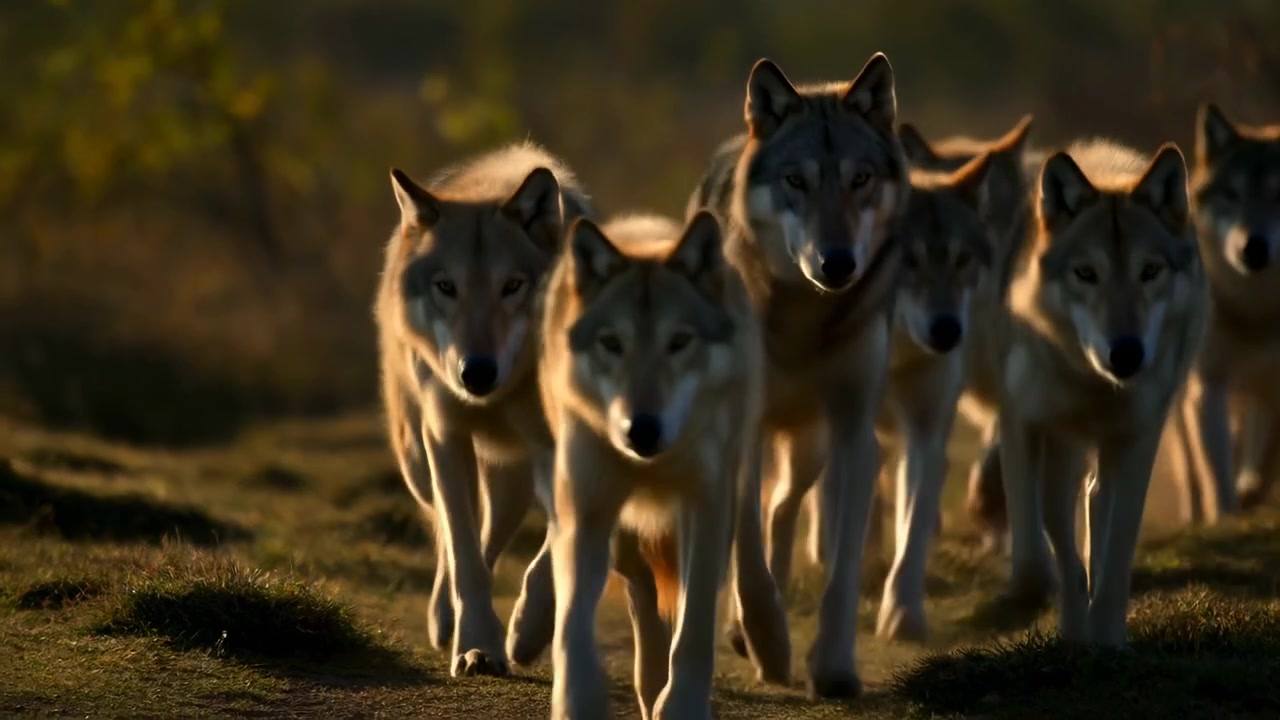 a wolf pack running towards the camera in a natural outdoor environment with trees and sunlight. dynamic and adventurous scene of wolves in their natural habitat. front view of wolves.