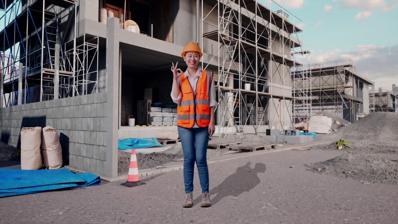 Full Body Of Asian Female Engineer With Safety Helmet Smiling And Showing Okay Gesture To The Camera While Standing At Construction Site in Progress to New House