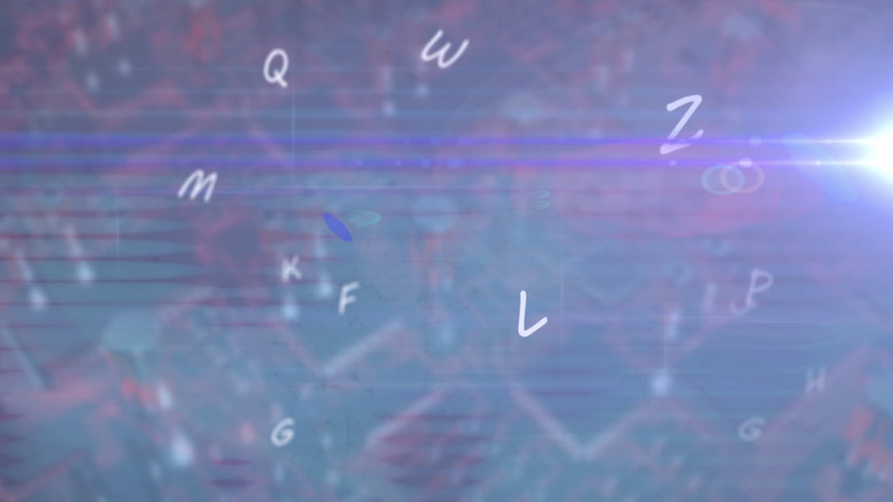 animación de letras y números con el destello de la lente moviéndose sobre un fondo abstracto.