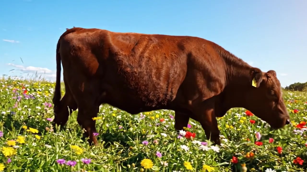 Una bellissima mucca marrone che pascola tra vivaci fiori selvatici sotto un cielo azzurro e limpido in un pittoresco paesaggio pastorale.