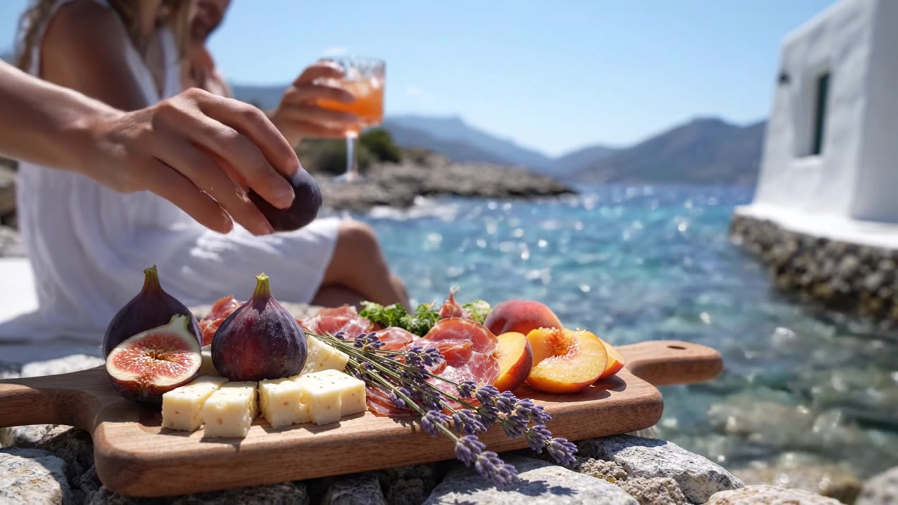 Avslapning ved vannet: Et gourmetfat med ost, frukt og lavendel blant naturskjønne utsikter over natur og det vakre havet i en sommerlig setting