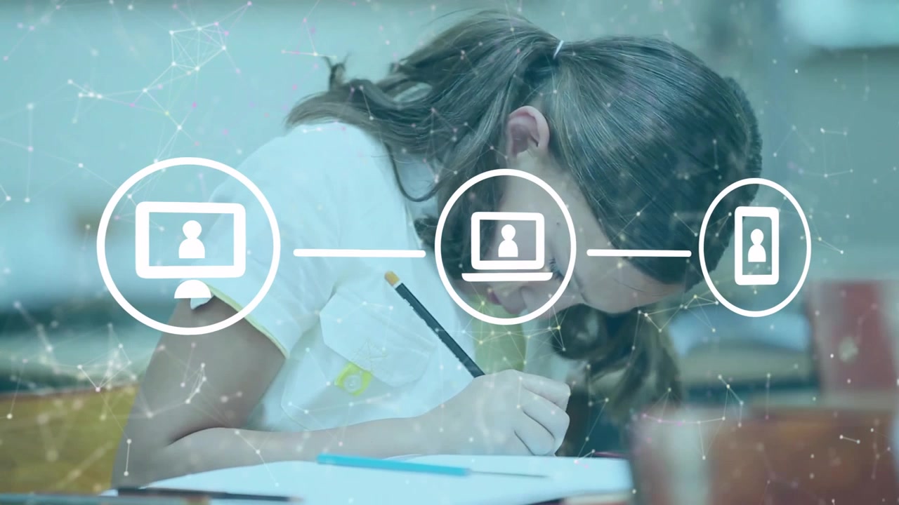 Girl writing notebook in classroom adding floating monitor laptop smartphone icons for education
