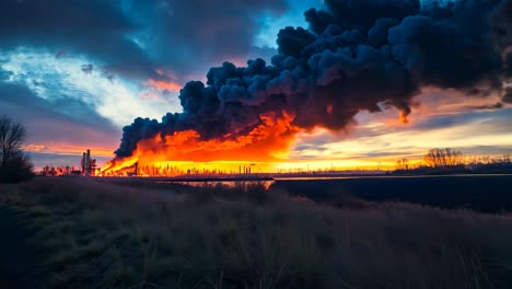 a large plume of black smoke billows out of the sky at sunset