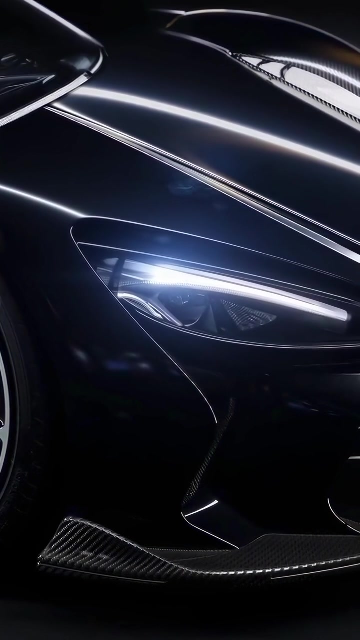 Frontale di lussuosa auto sportiva nera con fari luminosi e fibra di carbonio